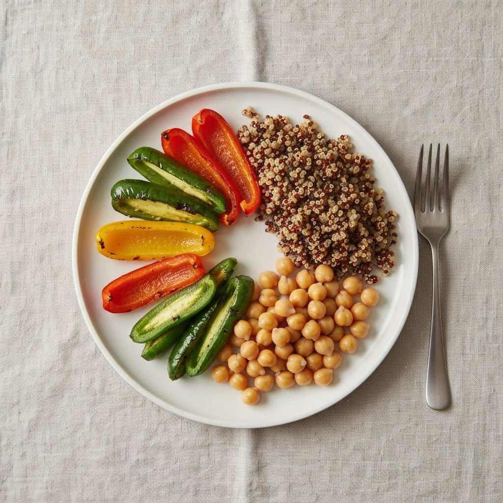 A balanced meal plate with colorful vegetables, grains and legumes arranged overhead on linen