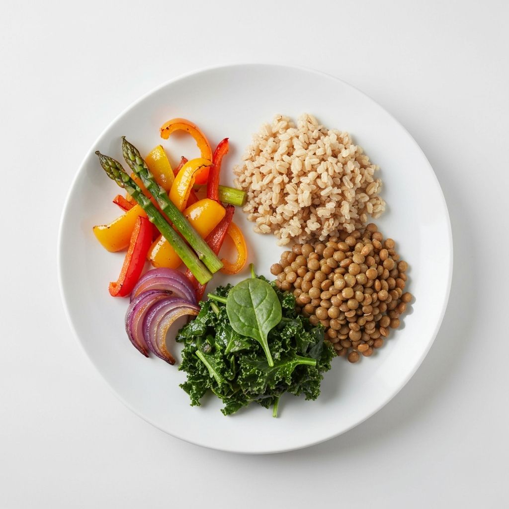 Perfect overhead view of a balanced meal plate with colorful vegetables and grains