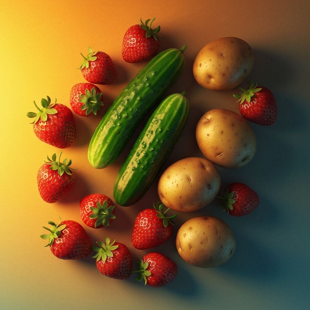 Artfully arranged fresh fruits and vegetables on a concrete surface