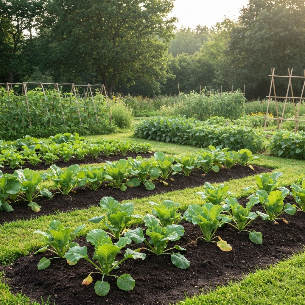 Lush vegetable garden with organic produce growing in soil under morning light